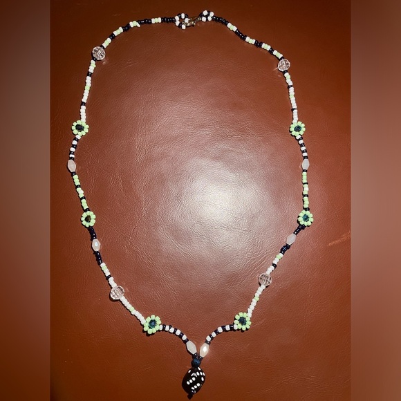 Necklace, glass beading. Swarovski crystal beads. Black, white, mint green. - Picture 2 of 3